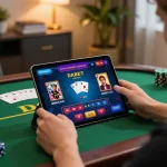 DABET app displayed on tablet while engaging in online casino gaming at home in a cozy setting