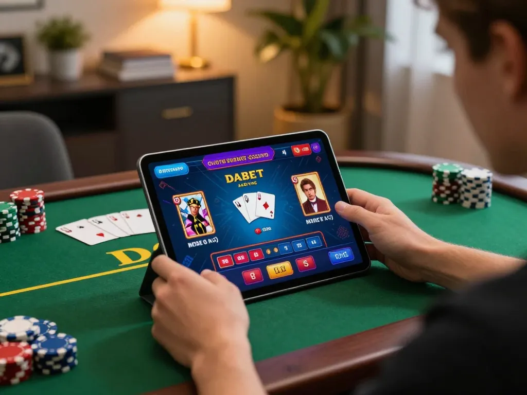 DABET app displayed on tablet while engaging in online casino gaming at home in a cozy setting