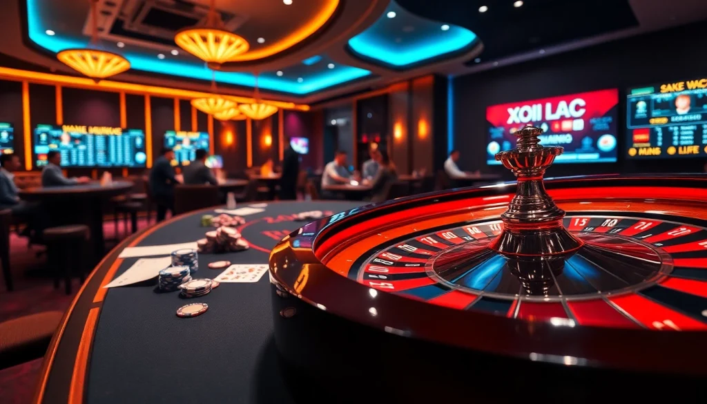 Engaging players at a luxurious casino table with Xoi Lac TV banners showcasing exciting live sports streaming.