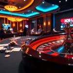 Engaging players at a luxurious casino table with Xoi Lac TV banners showcasing exciting live sports streaming.