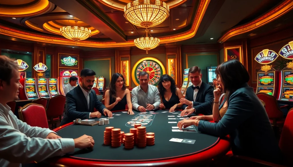 Engaged players enjoying vibrant casino games at go 88, with colorful poker chips and roulette wheel.