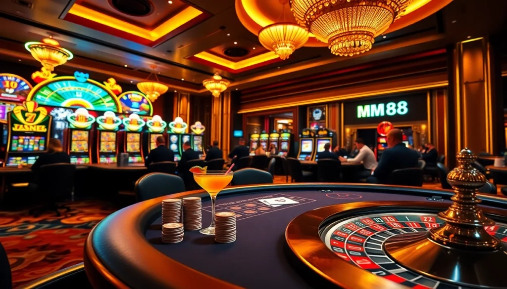 Experience the thrill of MM88 at a luxurious casino table surrounded by vibrant slot machines.