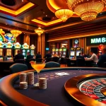 Experience the thrill of MM88 at a luxurious casino table surrounded by vibrant slot machines.