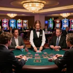 Engaging blackjack game scene at a luxury casino capturing players and dealer for da88 experience.