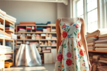 Linnen stof voor jurken in verschillende kleuren en patronen op een model in een studio.