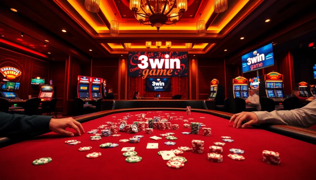 Experience the excitement of the 3win game at a luxurious casino table with vibrant poker chips.