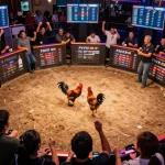 View of intense Đá gà FIVE88 event with excited audience and dynamic action