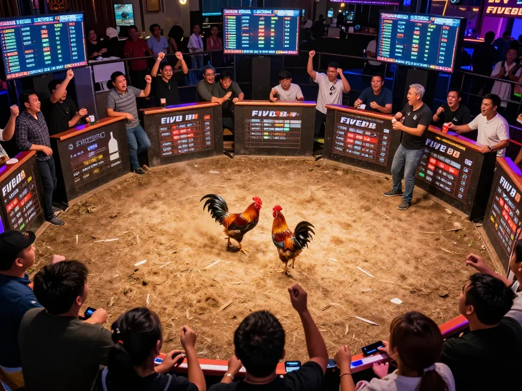 View of intense Đá gà FIVE88 event with excited audience and dynamic action