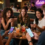 Vibrant urban nightlife with friends engaging in sex chat through app on smartphones, featuring lively lounge atmosphere.