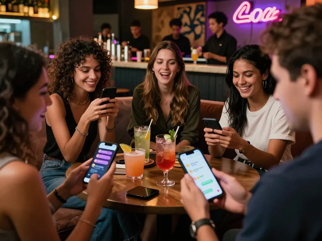 Vibrant urban nightlife with friends engaging in sex chat through app on smartphones, featuring lively lounge atmosphere.