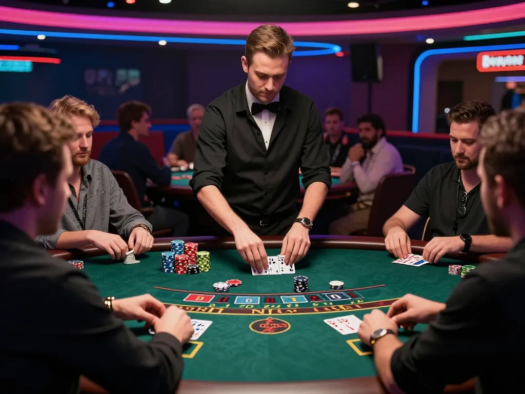 lode88vi players engaged at a blackjack table with chips stacked, highlighting casino excitement