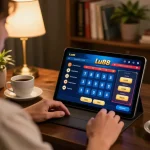 Engaging home gaming scene showcasing Link vào Lu88 on a tablet, with strategic betting options displayed.