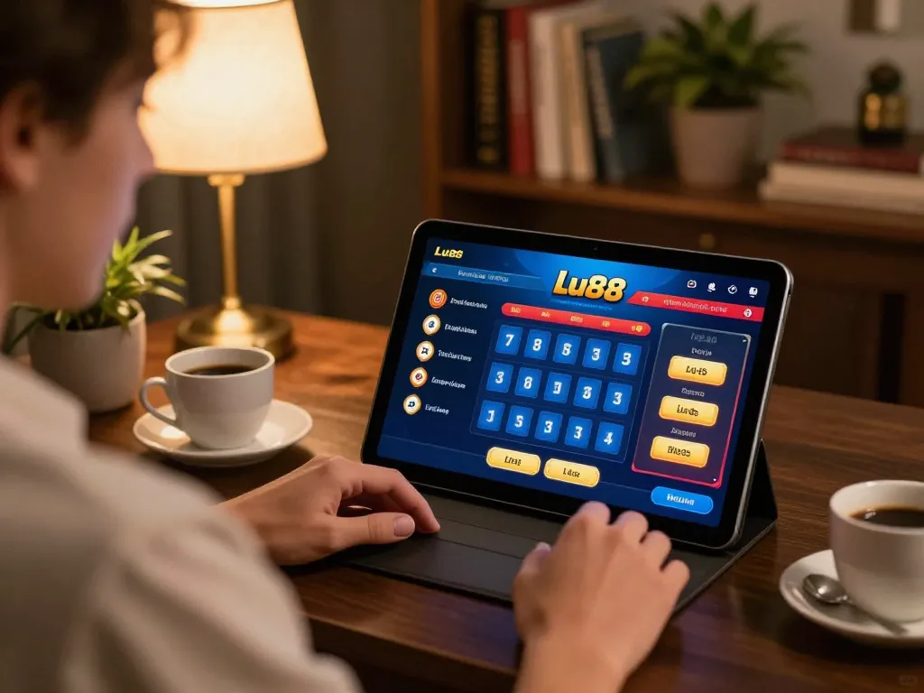 Engaging home gaming scene showcasing Link vào Lu88 on a tablet, with strategic betting options displayed.