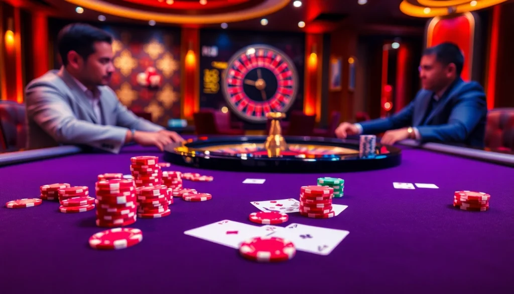 RR88 table scene showcasing vibrant poker chips, strategic players, and an exciting casino atmosphere.
