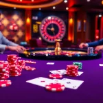 RR88 table scene showcasing vibrant poker chips, strategic players, and an exciting casino atmosphere.