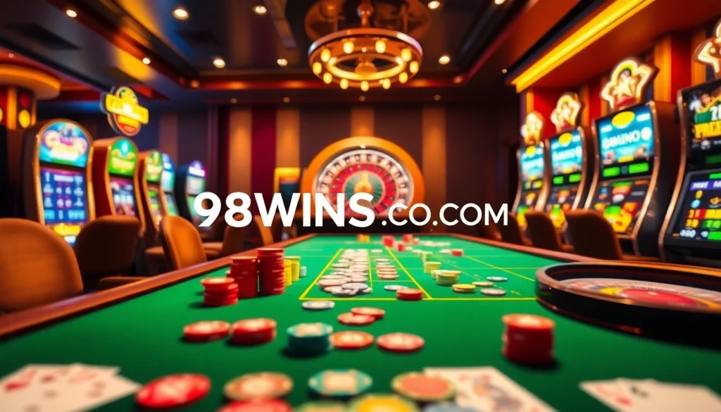 Engaged players enjoying online gaming at 98WINS CO COM casino, highlighting poker chips and roulette wheel.