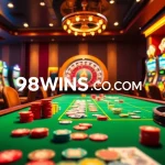 Engaged players enjoying online gaming at 98WINS CO COM casino, highlighting poker chips and roulette wheel.