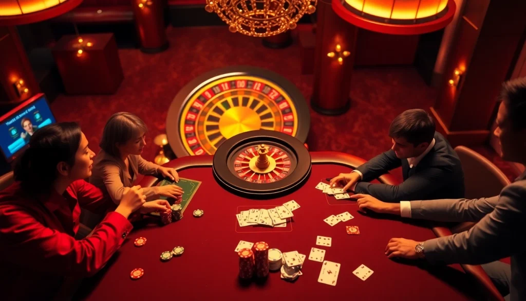 Engaged players enjoying a thrilling km88 online gambling experience in a luxurious casino.