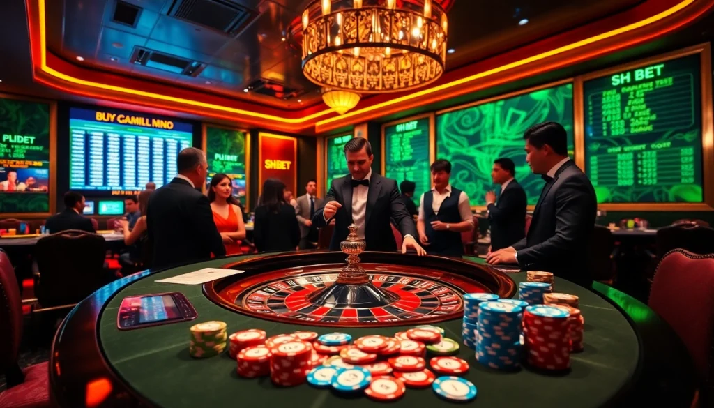 Experience the thrill of SH BET at a luxurious casino with vibrant roulette tables and colorful chips.