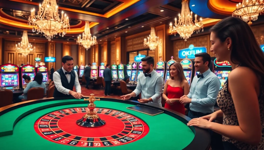 Exciting casino scene at Okfun with vibrant roulette and winning slot machines.