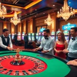 Exciting casino scene at Okfun with vibrant roulette and winning slot machines.
