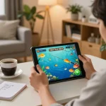 Bắn cá Fabet gameplay on a tablet in a cozy home setting, emphasizing vibrant graphics and strategy.