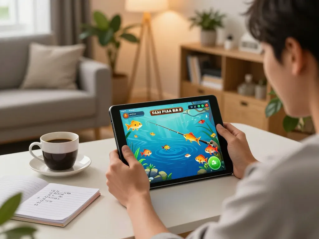 Bắn cá Fabet gameplay on a tablet in a cozy home setting, emphasizing vibrant graphics and strategy.