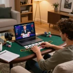 Engaging in online blackjack strategy at home using https://hitclub.sarl/ on laptop, warm lighting for a cozy atmosphere