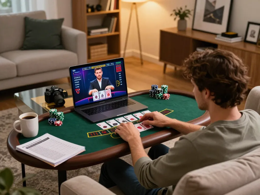 Engaging in online blackjack strategy at home using https://hitclub.sarl/ on laptop, warm lighting for a cozy atmosphere