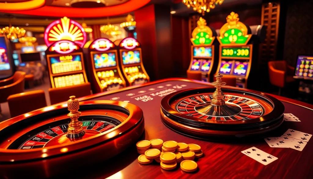 Ku88 casino interface displaying roulette and poker excitement in a luxurious setting.