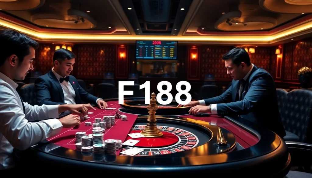 Players immersed in a high-stakes game at F168 casino, showcasing luxury and excitement in gambling.