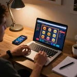Player engaging in tg88 online casino gaming with vibrant slot graphics and live dealer