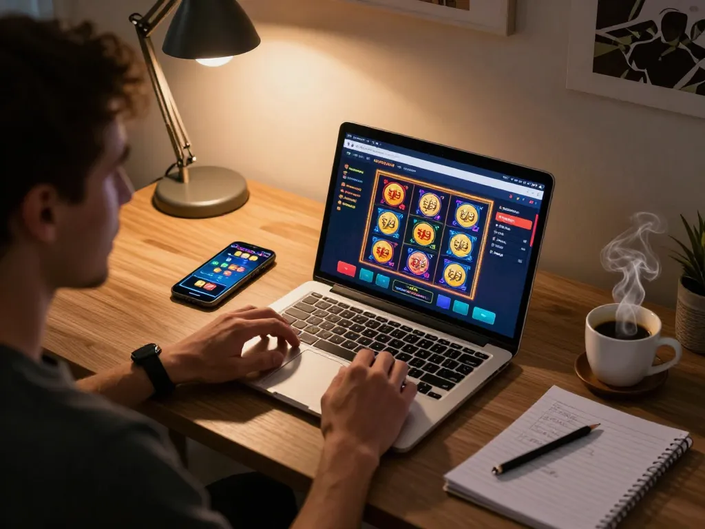 Player engaging in tg88 online casino gaming with vibrant slot graphics and live dealer