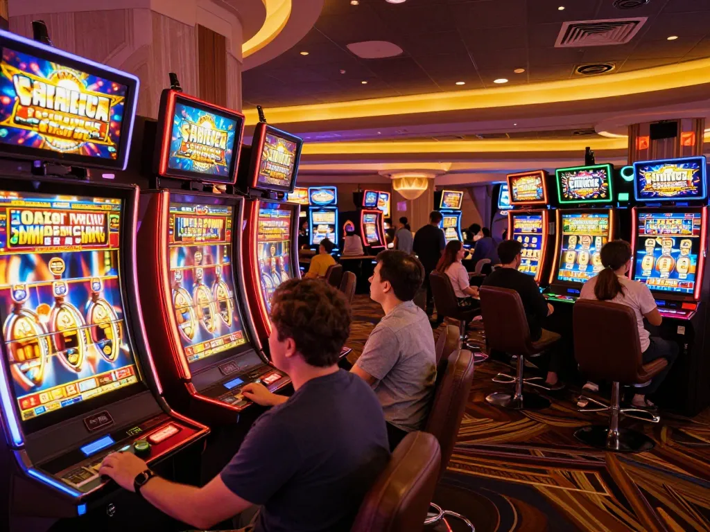Players engaged with slot machines at Red88tt, showcasing vibrant gaming atmosphere and excitement