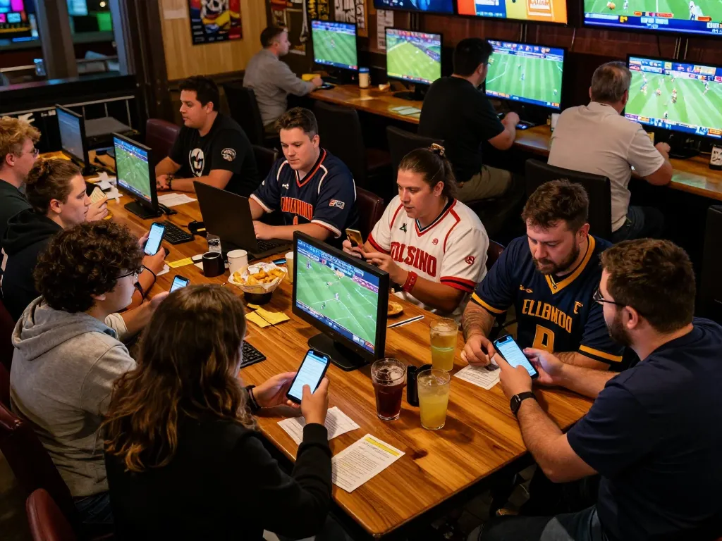 Sky88live patrons cheering for their teams while placing bets on mobile devices in a lively sports bar