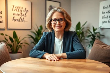 Providing mental health tips in a cozy therapist's office with warm, inviting lighting.