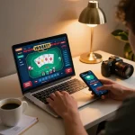 Engaging scene of online poker gameplay on ku88q platform, showcasing strategic betting and cozy home atmosphere.