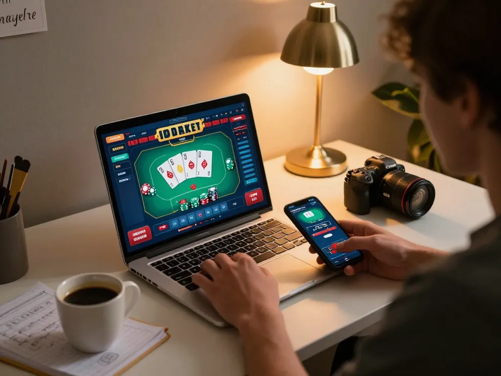 Engaging scene of online poker gameplay on ku88q platform, showcasing strategic betting and cozy home atmosphere.
