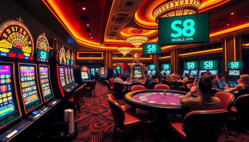 A thrilling casino scene showcasing vibrant slot machines and a roulette wheel, highlighting the s8 apk for mobile gambling.
