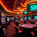 A thrilling casino scene showcasing vibrant slot machines and a roulette wheel, highlighting the s8 apk for mobile gambling.