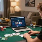 Engaging in Khuyến mãi lucky88 online poker at home, showcasing competitive gameplay and responsible gambling.