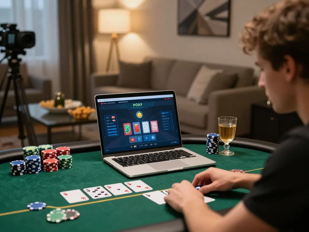 Engaging in Khuyến mãi lucky88 online poker at home, showcasing competitive gameplay and responsible gambling.