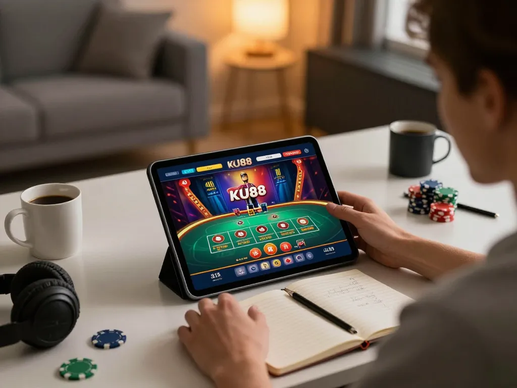 Engaging with the KU88 casino app while enjoying a cozy home gaming atmosphere
