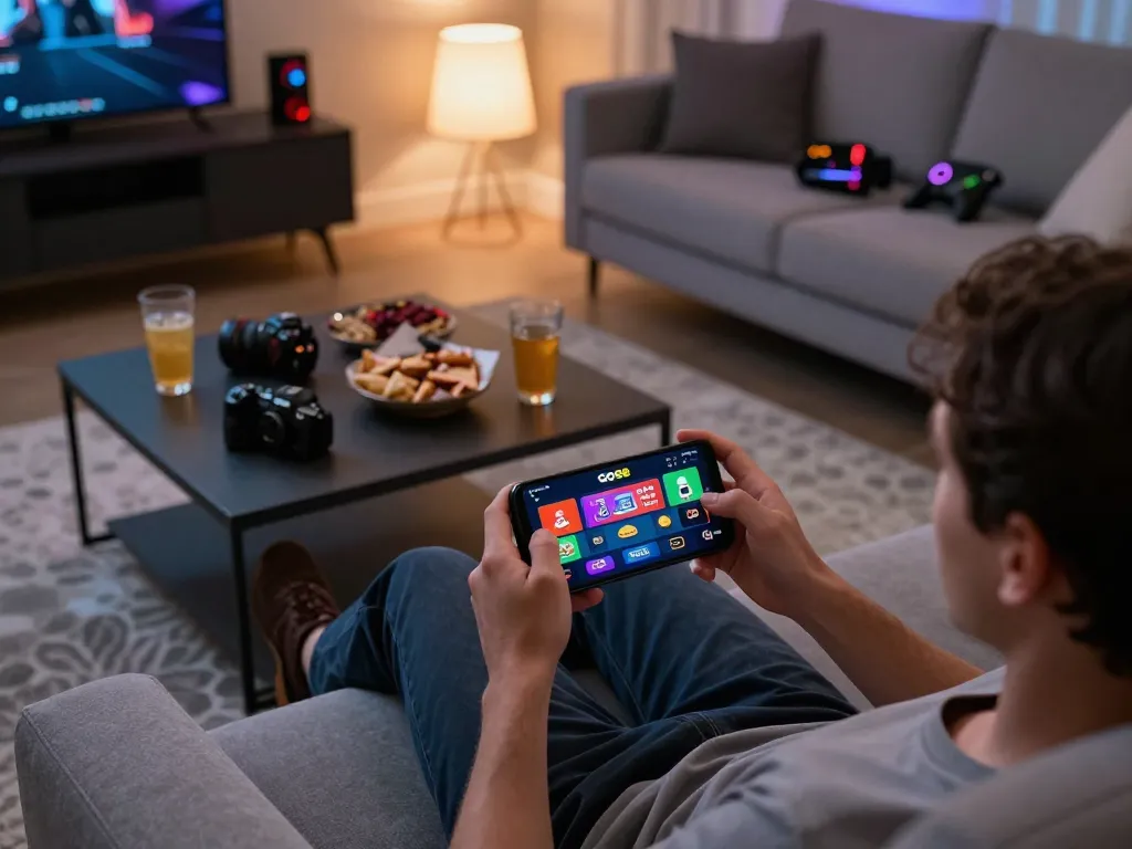 TẢI GO88 app on smartphone while enjoying a cozy gaming session at home.