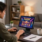 Engaged in Khuyến mãi lucky88, a home gambler examines online casino promotions on a tablet at a modern desk.