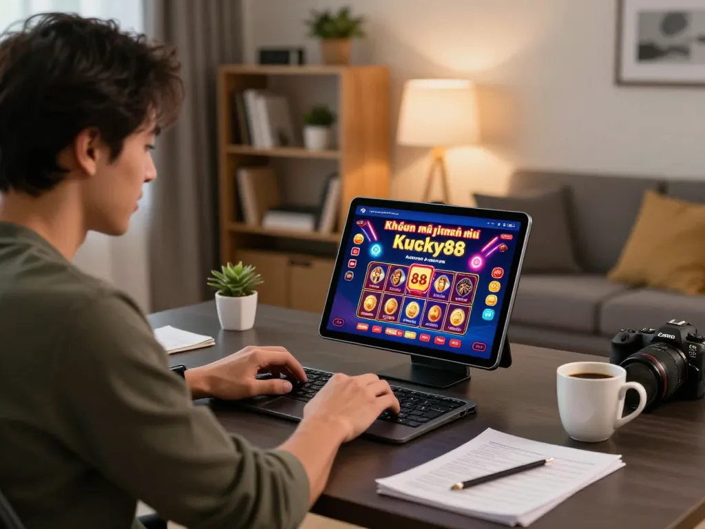Engaged in Khuyến mãi lucky88, a home gambler examines online casino promotions on a tablet at a modern desk.