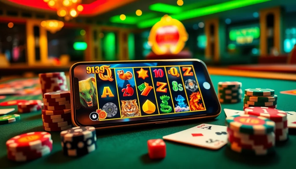 Play thrilling games on the 918kaya APK, surrounded by vibrant casino elements and poker chips.