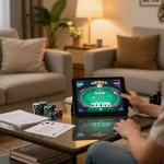 Engaging with poker gameplay on a tablet, showcasing 23wincom experience in a cozy home environment.