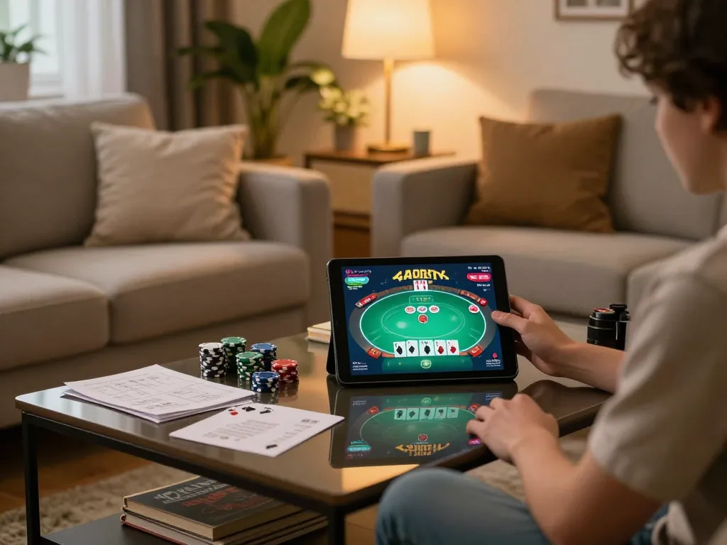 Engaging with poker gameplay on a tablet, showcasing 23wincom experience in a cozy home environment.