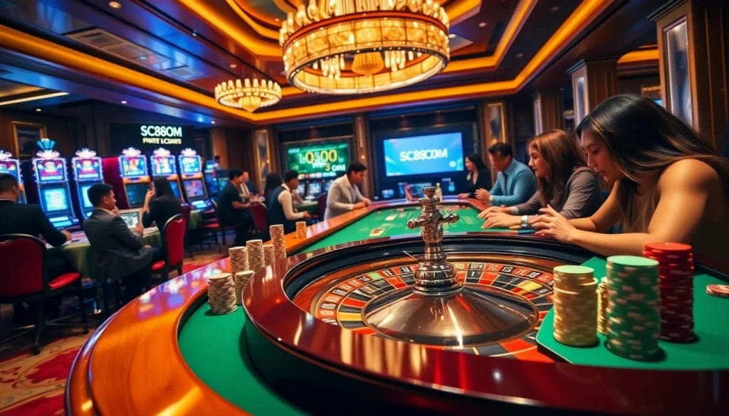 Experience excitement at SC88COM with vibrant poker chips and a roulette table.